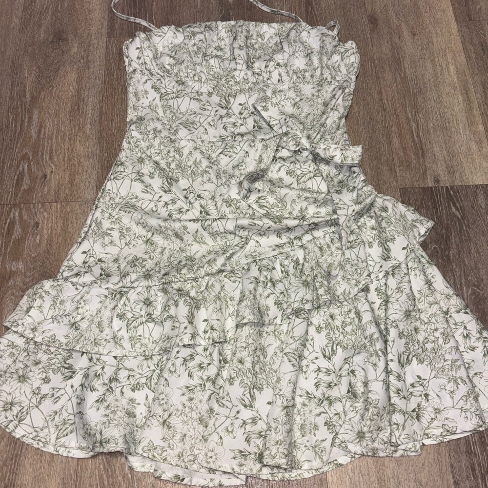 SHEIN Green and White Asymmetrical Ruffled Sundress